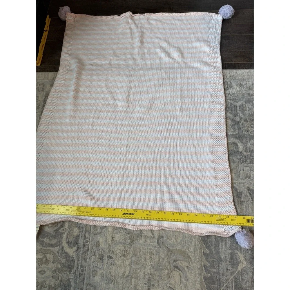 Pottery Barn Kids Cotton Knit Baby Blanket Pink White Striped Pom Pom 30x40 EUC